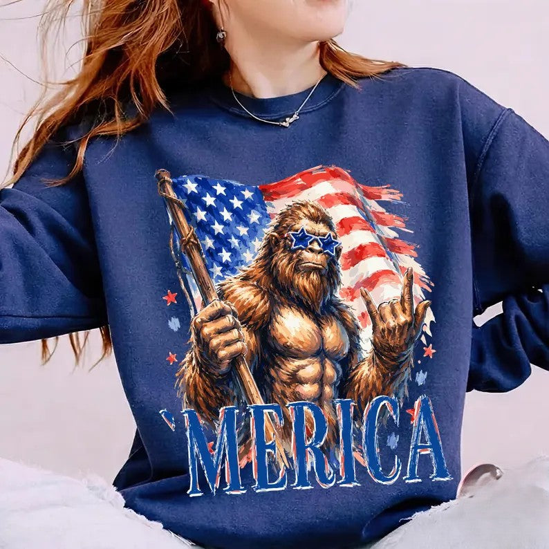 MERICA BIG FOOT HOLDING FLAG DTF TRANSFER
